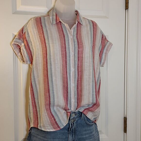 Beachlunchlounge collection Striped Short Sleeve Button Shirt Top Size XS - Picture 1 of 6